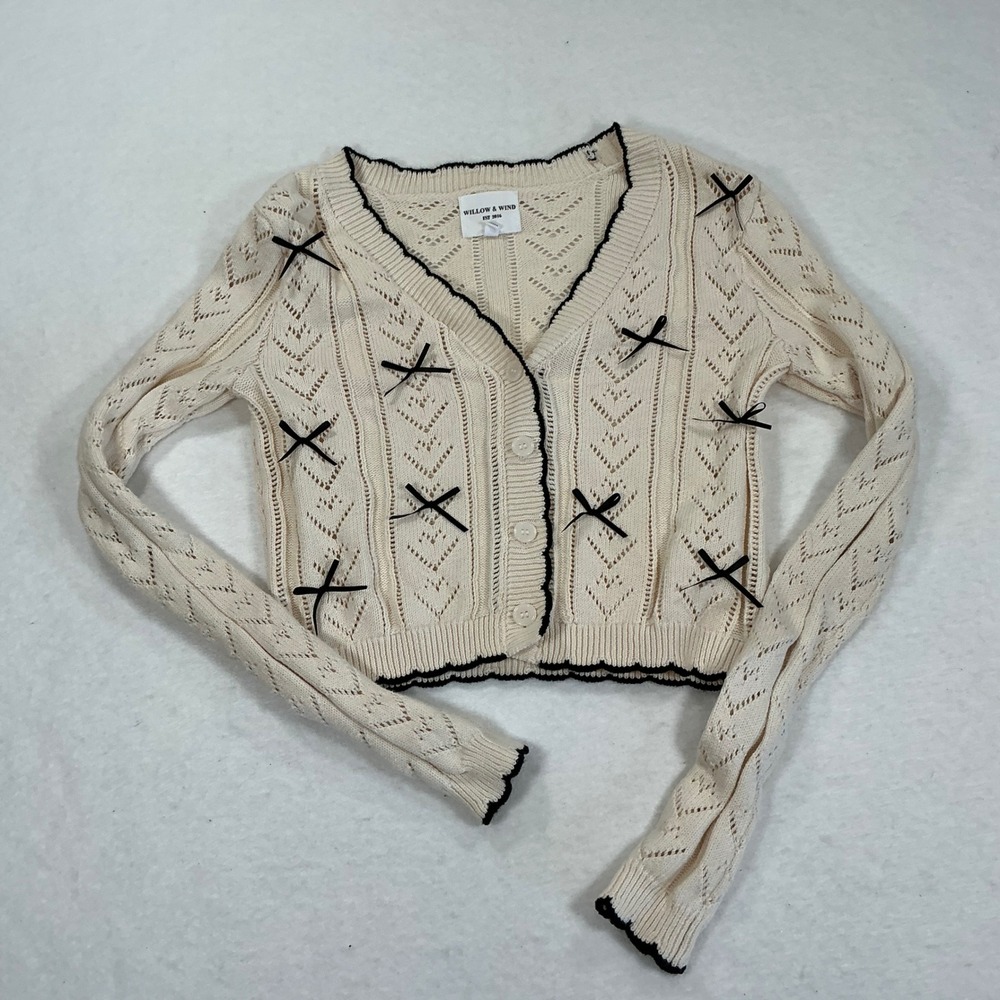 Willow & Wind Ivory Pointelle Knit Cropped Cardigan Black Bows XS